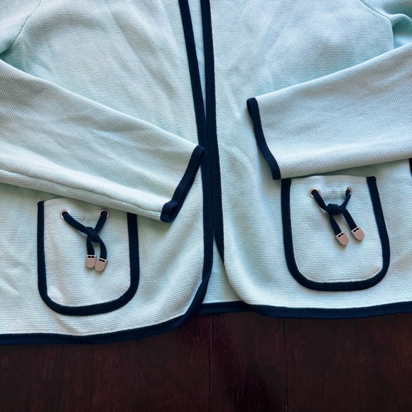 Talbots Petite Light Blue Navy Trim Knit Sweater Open Front Cardigan Size Lp - Picture 2 of 5